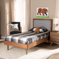 Baxton Studio Tasha-Light Grey/Walnut-Twin Tasha Mid-Century Modern Light Grey Fabric Upholstered and Walnut brown Finished Wood Twin Size Platform Bed 